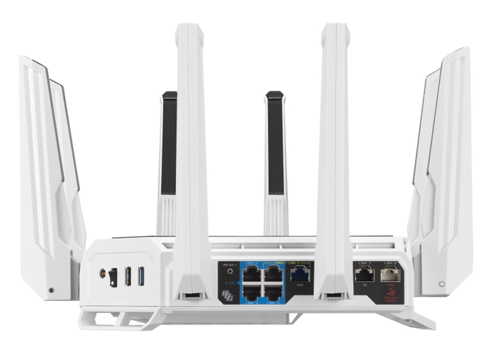 Weißer Router mit mehreren Antennen und Anschlüssen. Schwarze und blaue Anschlüsse sind sichtbar.