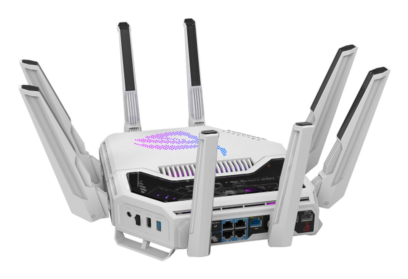 Weißer Router mit mehreren Antennen. Er hat eine schwarze Blende und blaue und violette Lichter. Anschlüsse sind sichtbar.
