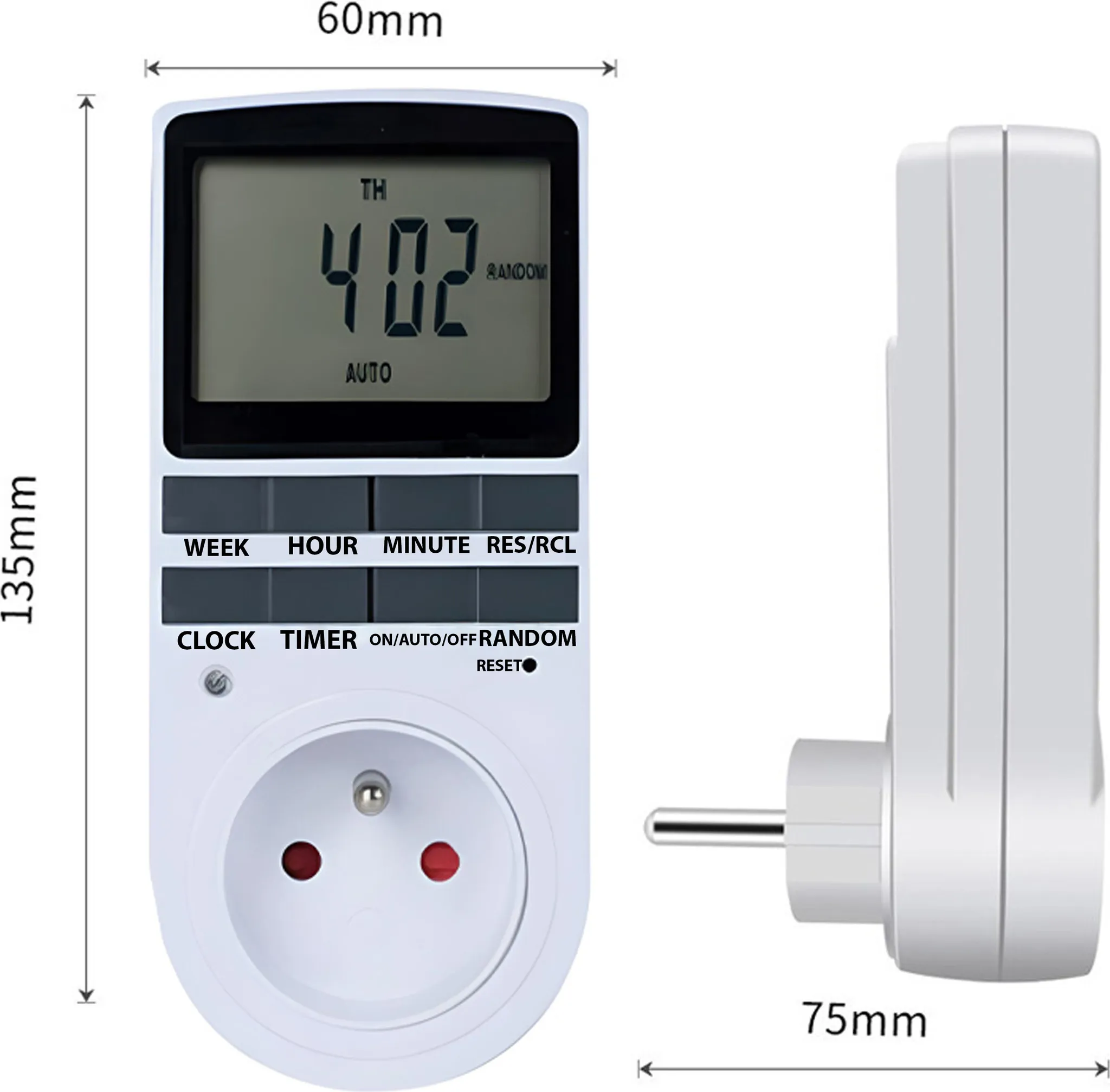 Weißer digitaler Timer mit Anzeige 402. Mit Tasten für Woche, Stunde, Minute und Reset. Hat eine Steckdose und einen Stecker.