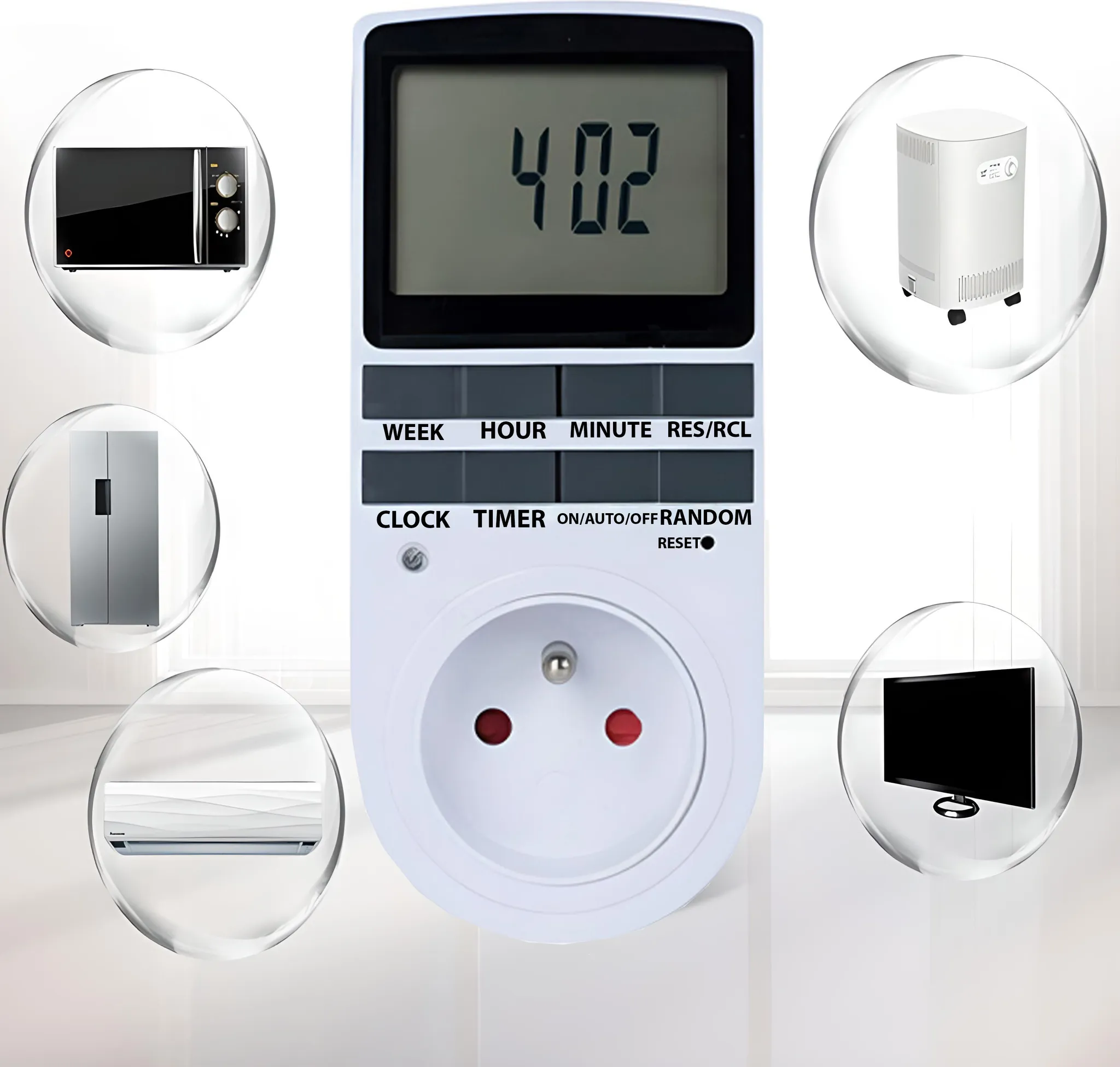 Ein weißer digitaler Timer mit Anzeige 402. Verschiedene Geräte wie Mikrowelle, Kühlschrank und Fernseher sind darum herum.