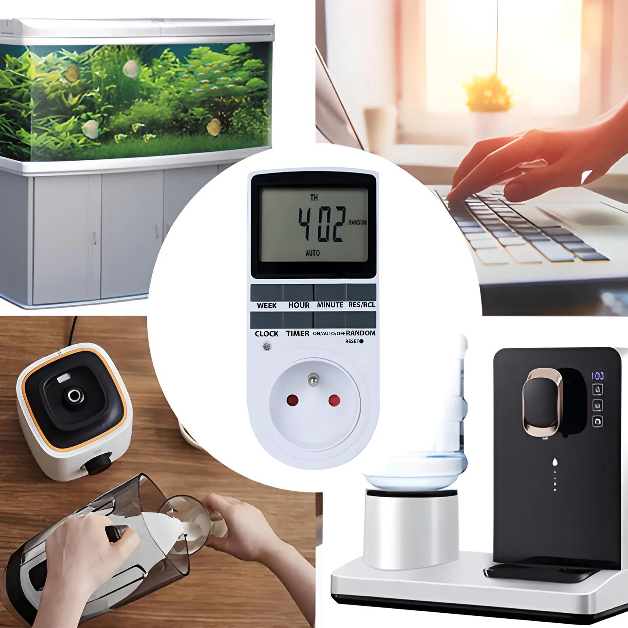 Das Bild zeigt ein Aquarium, einen Laptop mit tippenden Händen, einen Timer, einen Milchguss, einen Wasserspender und ein Gerät.