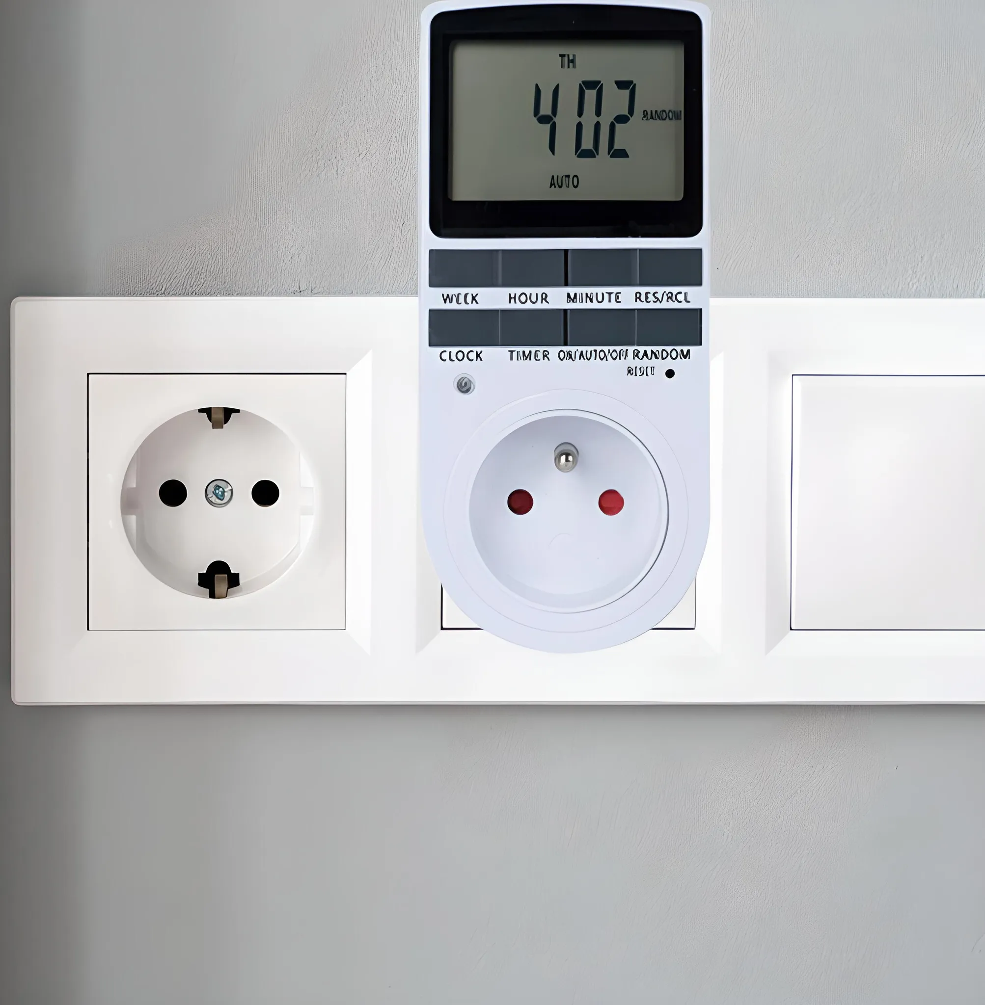 Eine weiße Steckdose mit einem eingesteckten Timer. Der Timer zeigt 402. Die Wand ist grau.