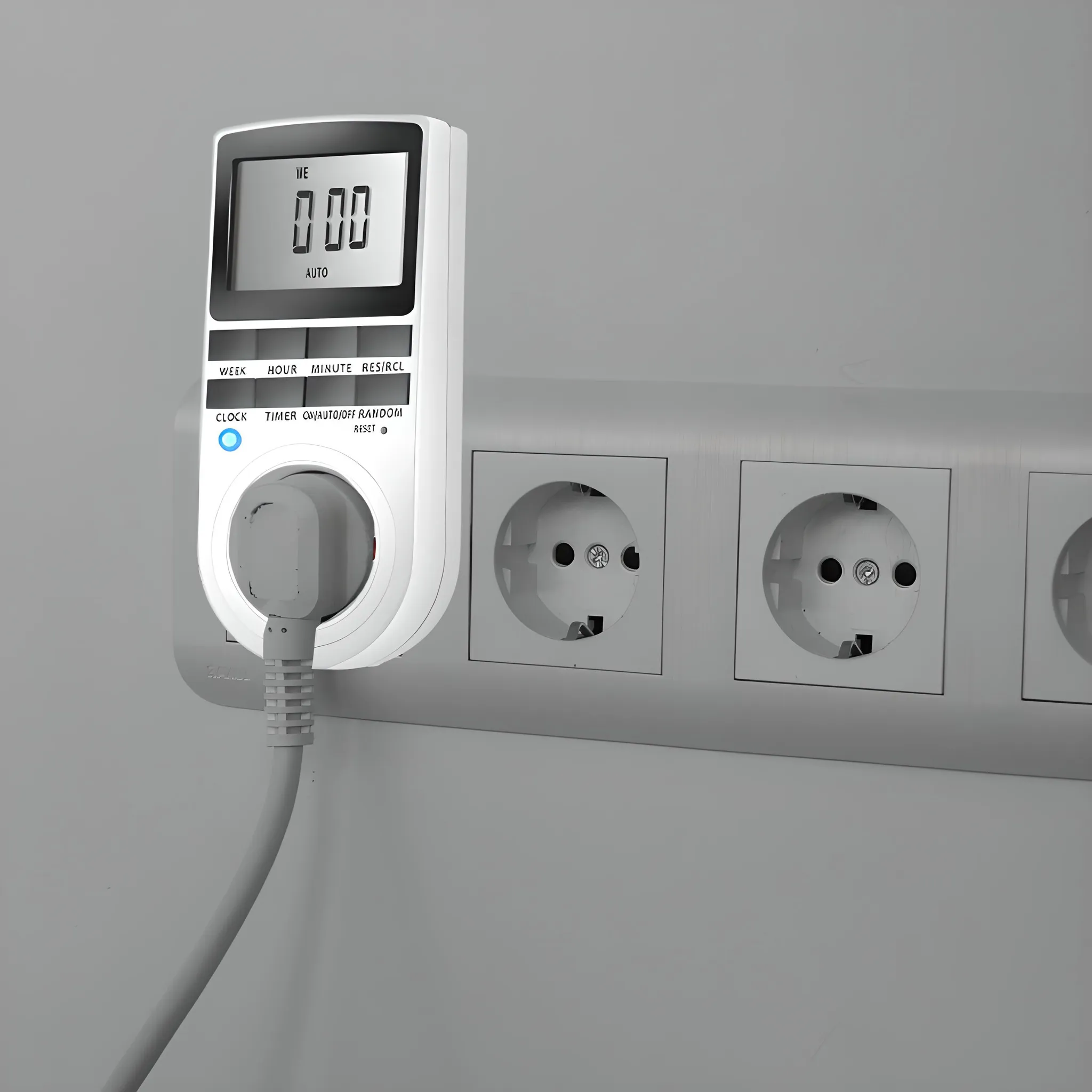 Ein weißer Timer mit digitaler Anzeige 000, eingesteckt in eine Steckdose, an einer grauen Wand.