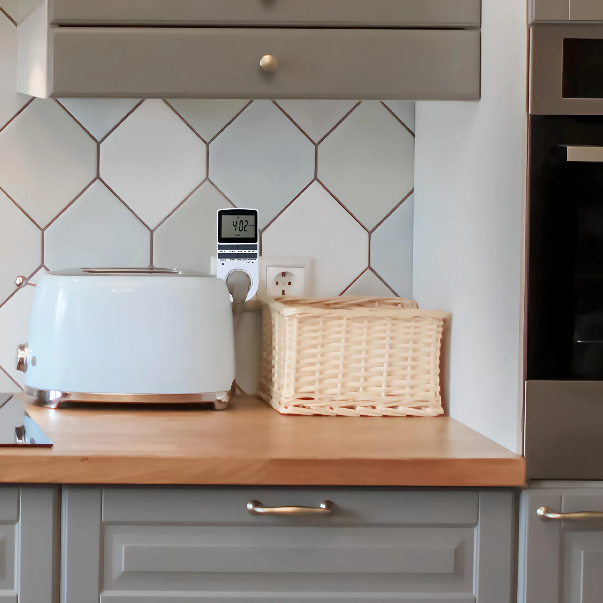 Eine Küchenszene mit einem weißen Toaster, Timer und Korb auf einer Holztheke. Graue Schränke und Fliesen sind im Hintergrund.
