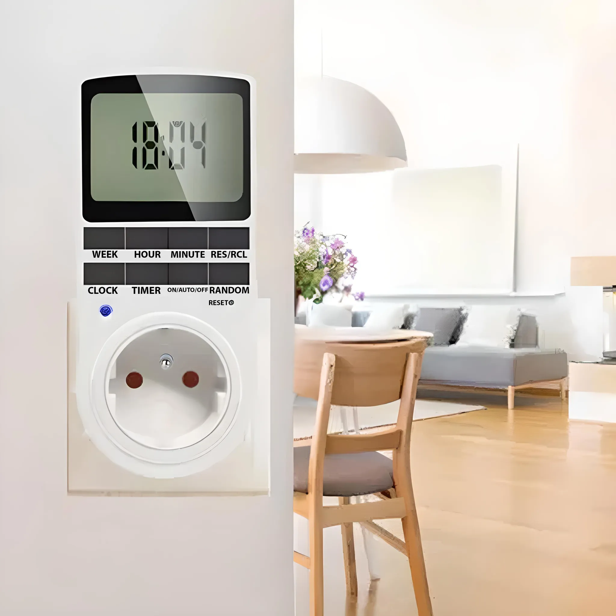 Ein digitaler Timer mit Stecker zeigt 18:04. Im Hintergrund sind ein Stuhl und ein Sofa sowie eine Blumenvase zu sehen.