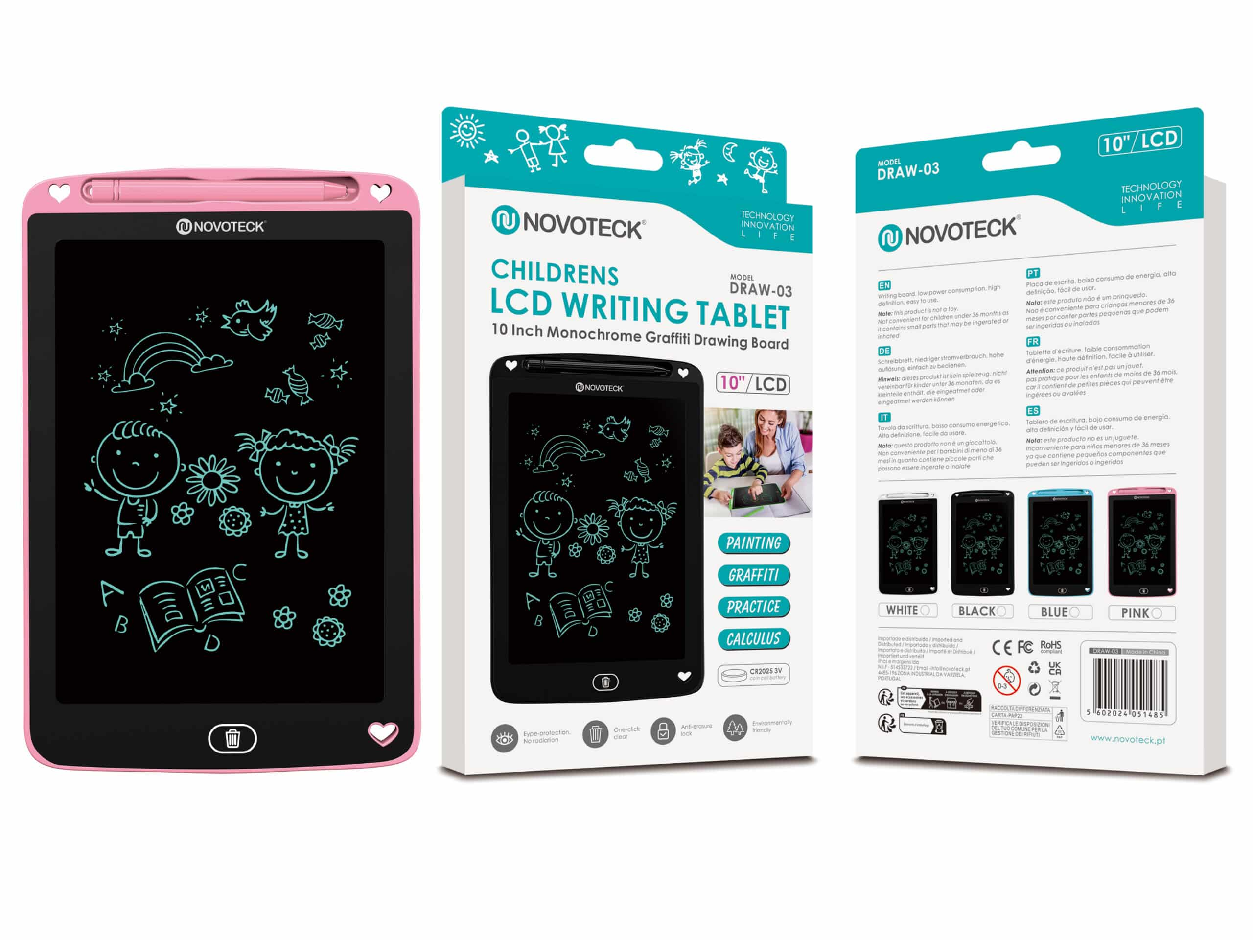Caja de tableta de escritura LCD rosa. Pantalla negra muestra dibujos de niños, letras y formas.