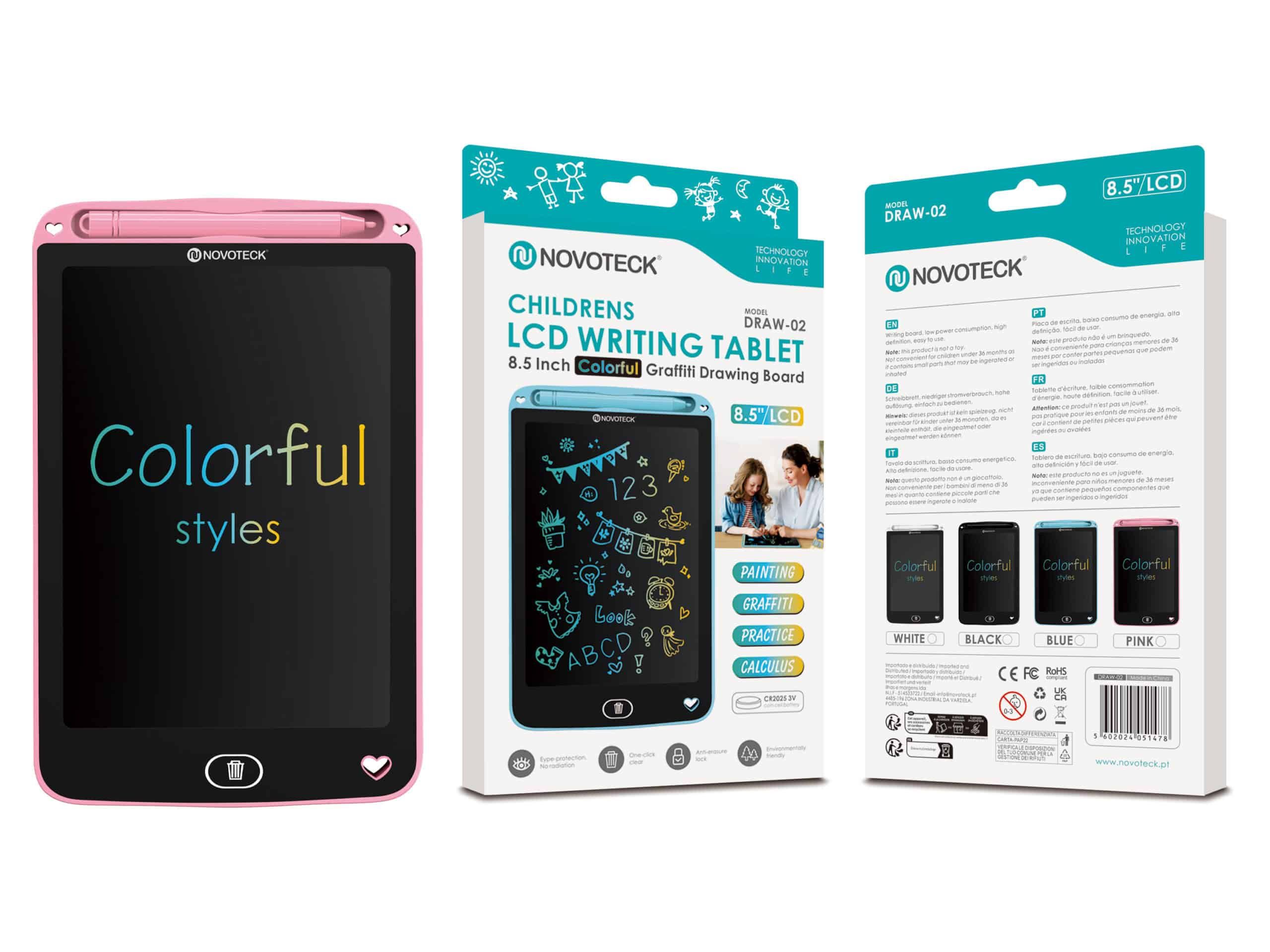 Una tableta de escritura rosa con pantalla negra y embalaje colorido se muestra, mostrando sus características.