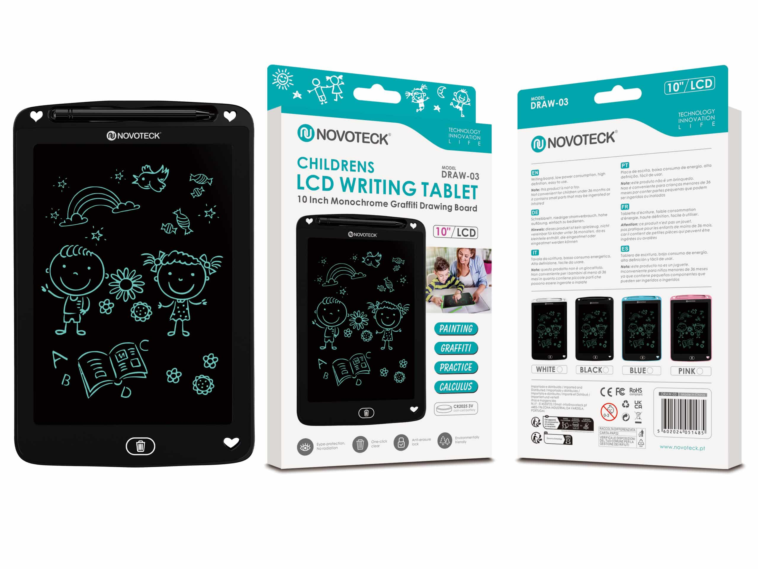 Tableta de escritura LCD negra con dibujos. El embalaje detalla el producto y sus características.