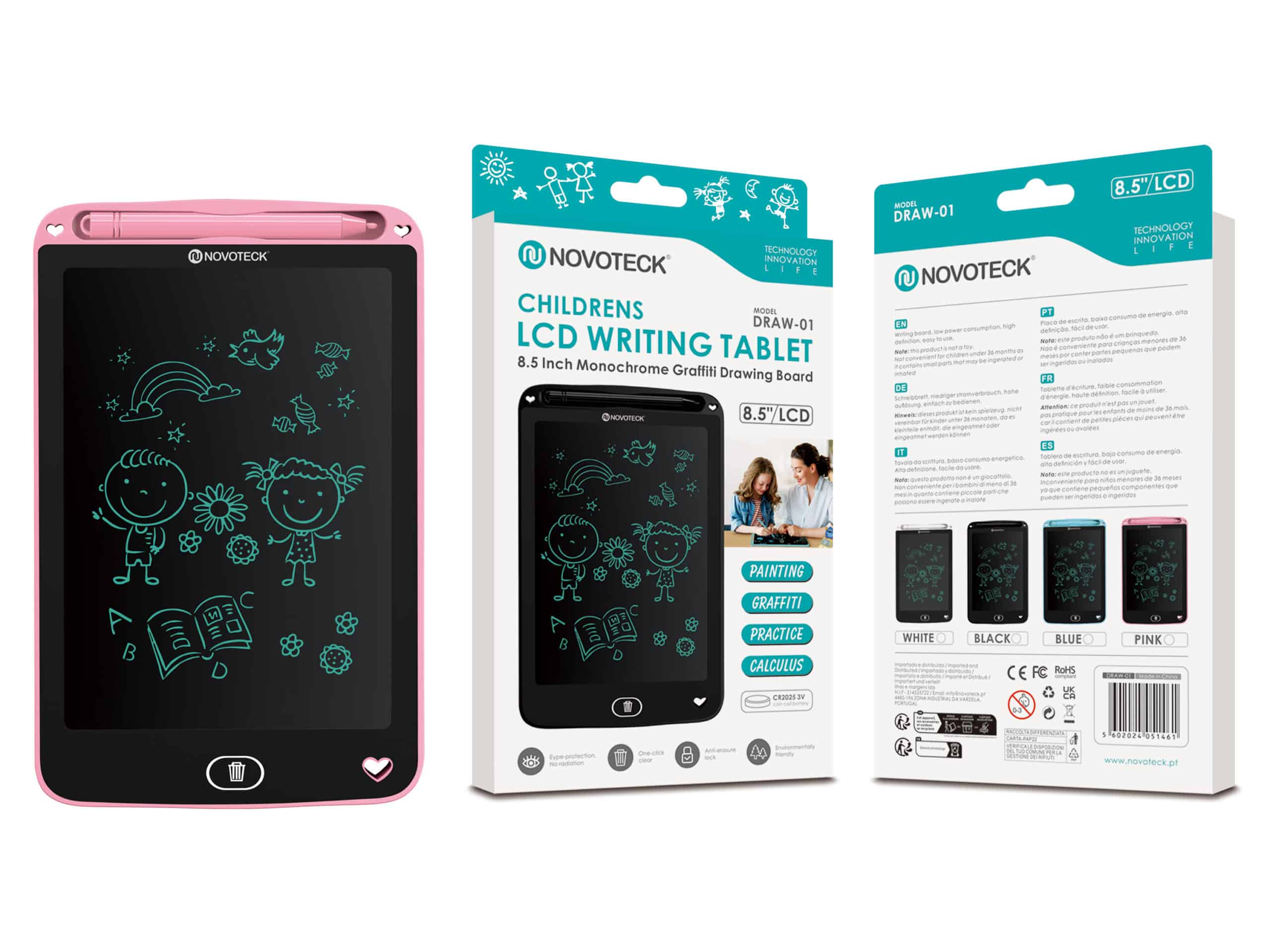 Caja rosa de tableta LCD para escribir con dibujos de niños, texto e información del producto.