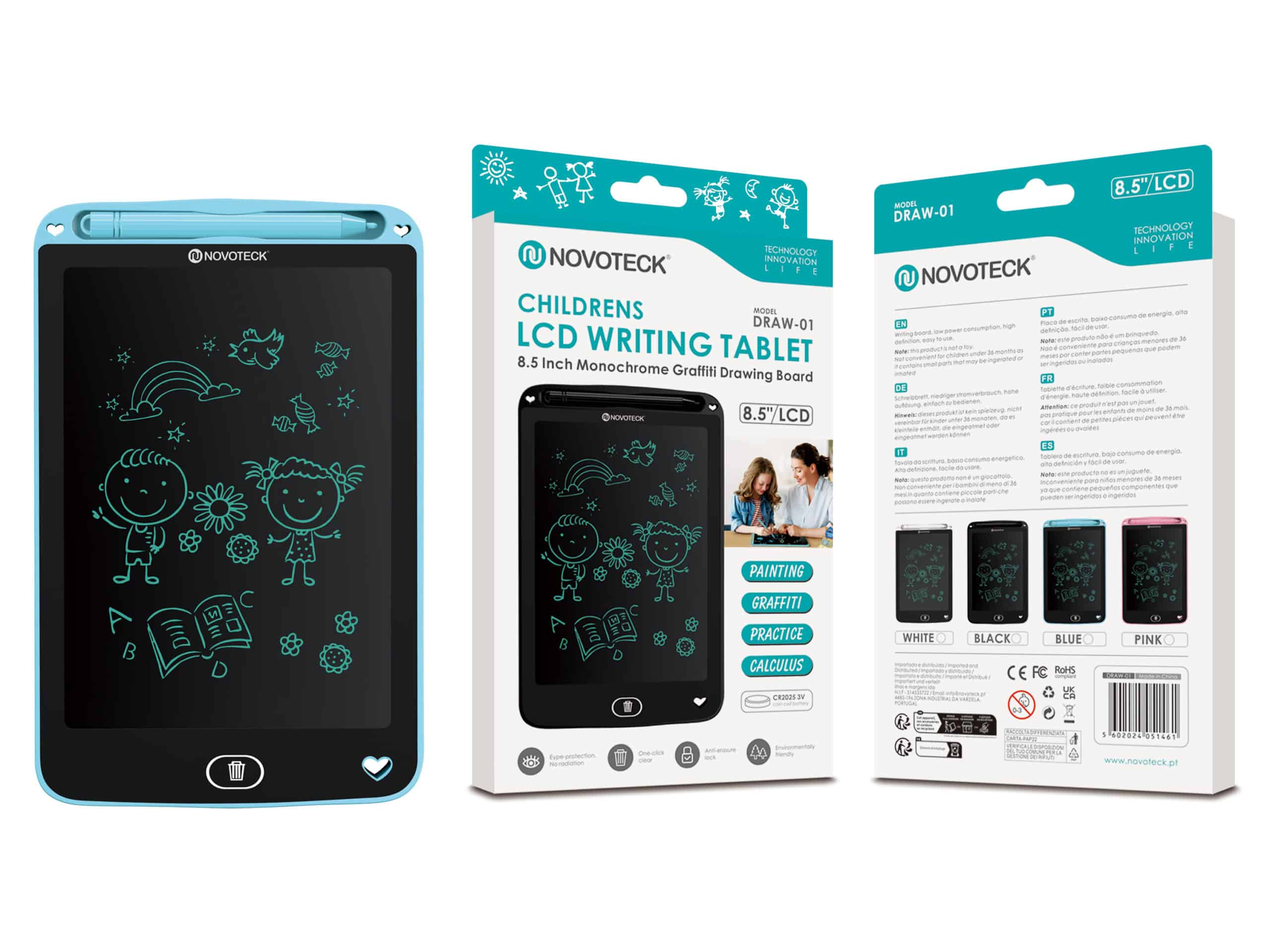 Se muestra una tableta de escritura azul con una caja. Texto: Tableta de escritura LCD para niños, 8,5 pulgadas.