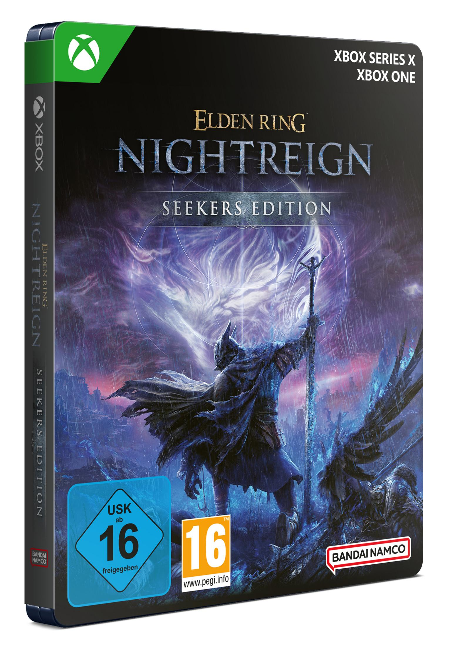 Elden Ring: Nightreign-Spielbox. Ein Krieger mit Schwert steht einem Sturm gegenüber. Xbox Series X/One. Enthält USK 16 und Bandai Namco Logos.