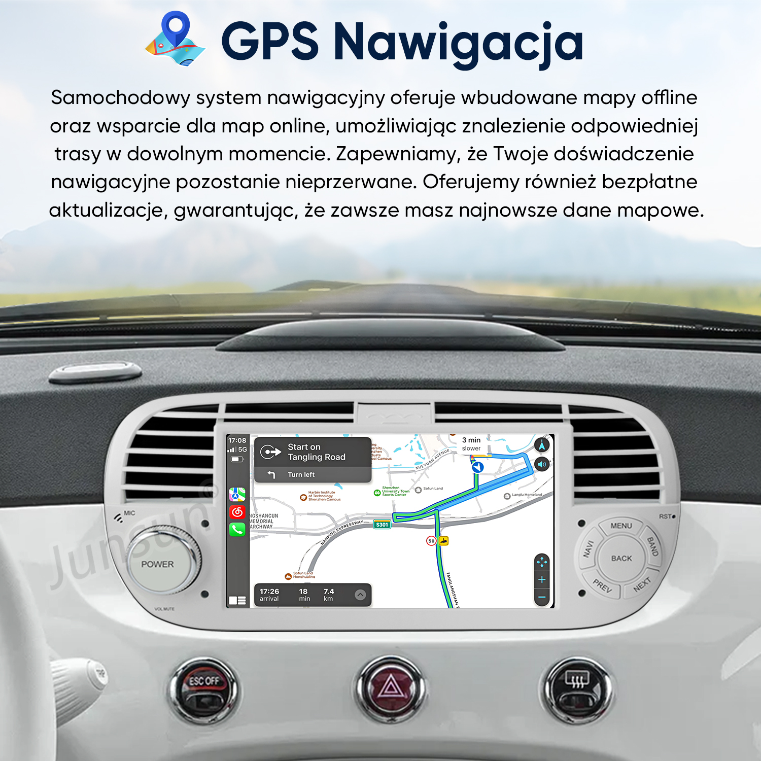 Panel samochodu z mapą nawigacji i prowadzeniem po trasie. Cyfrowy wyświetlacz z przyciskami.