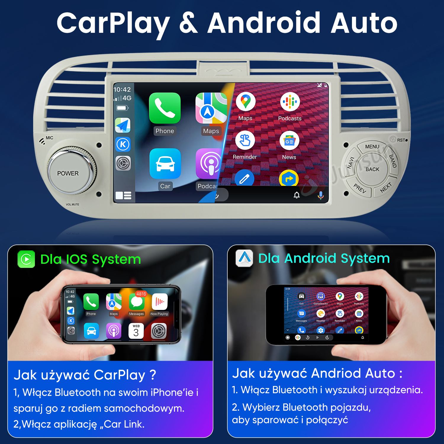 Ekran radia samochodowego z interfejsami CarPlay i Android Auto, z ikonami telefonu i map, instrukcjami obsługi.