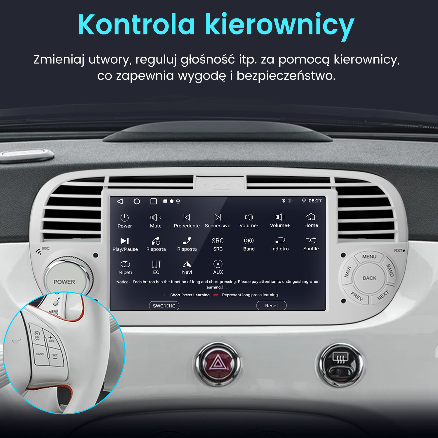 Deska rozdzielcza samochodu z ekranem, przyciskami. Kierownica po lewej. Tekst po polsku. Sterowanie audio i ustawienia pojazdu.