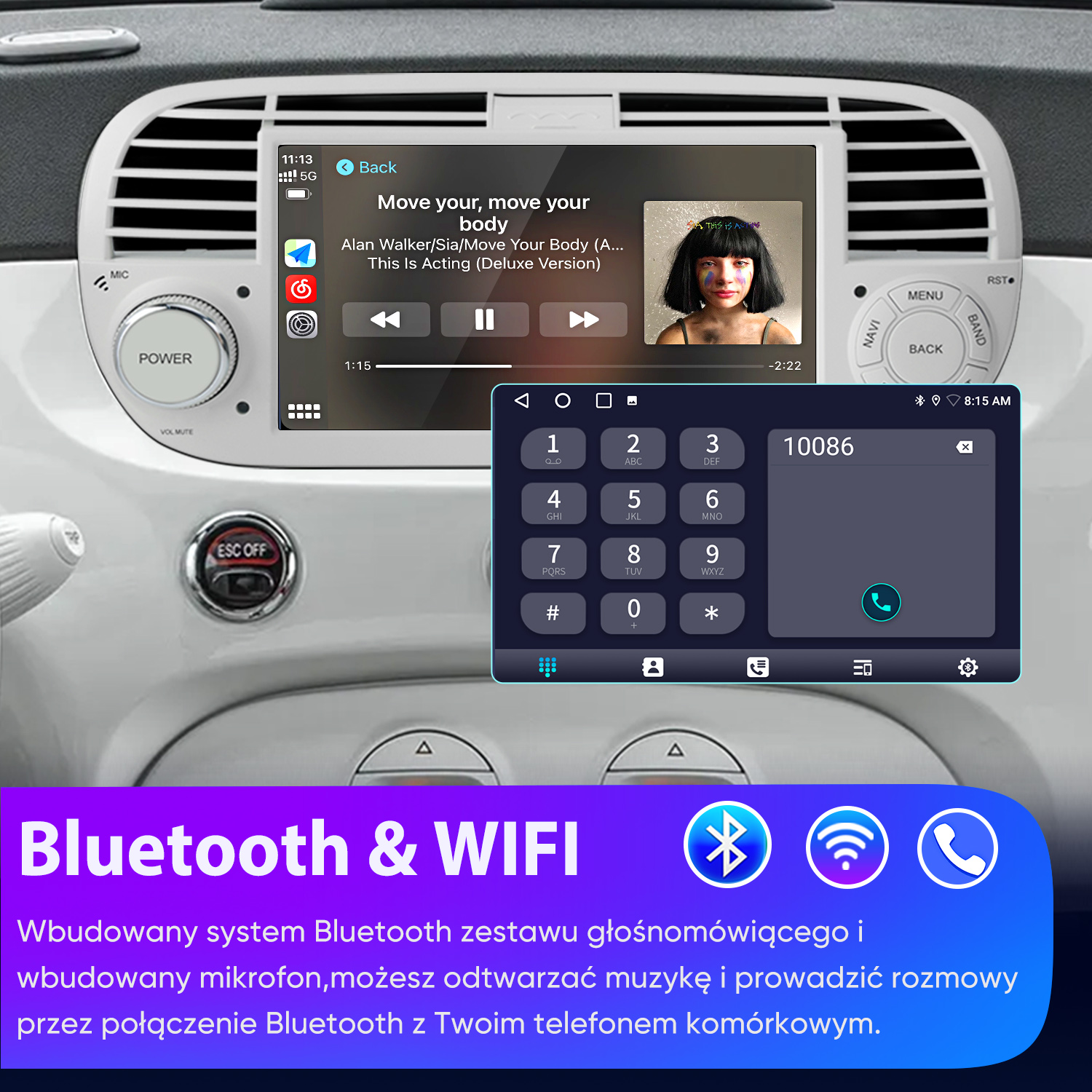 Deska rozdzielcza samochodu z ekranem muzycznym, dialerem i ikonami Bluetooth i Wifi z tekstem.