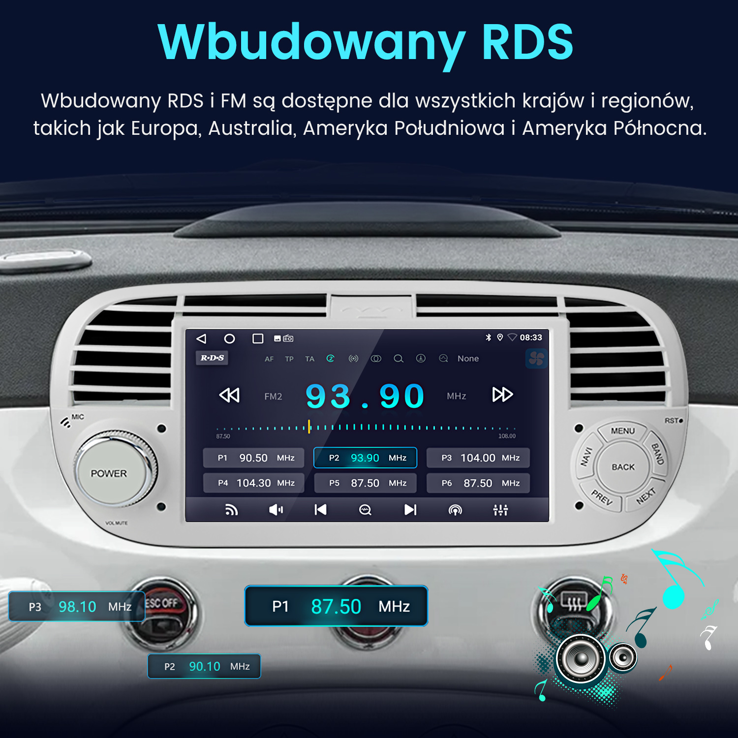 Radio samochodowe z ekranem wyświetlającym częstotliwość radiową 93,90 MHz. Widoczne są przyciski i pokrętło zasilania.