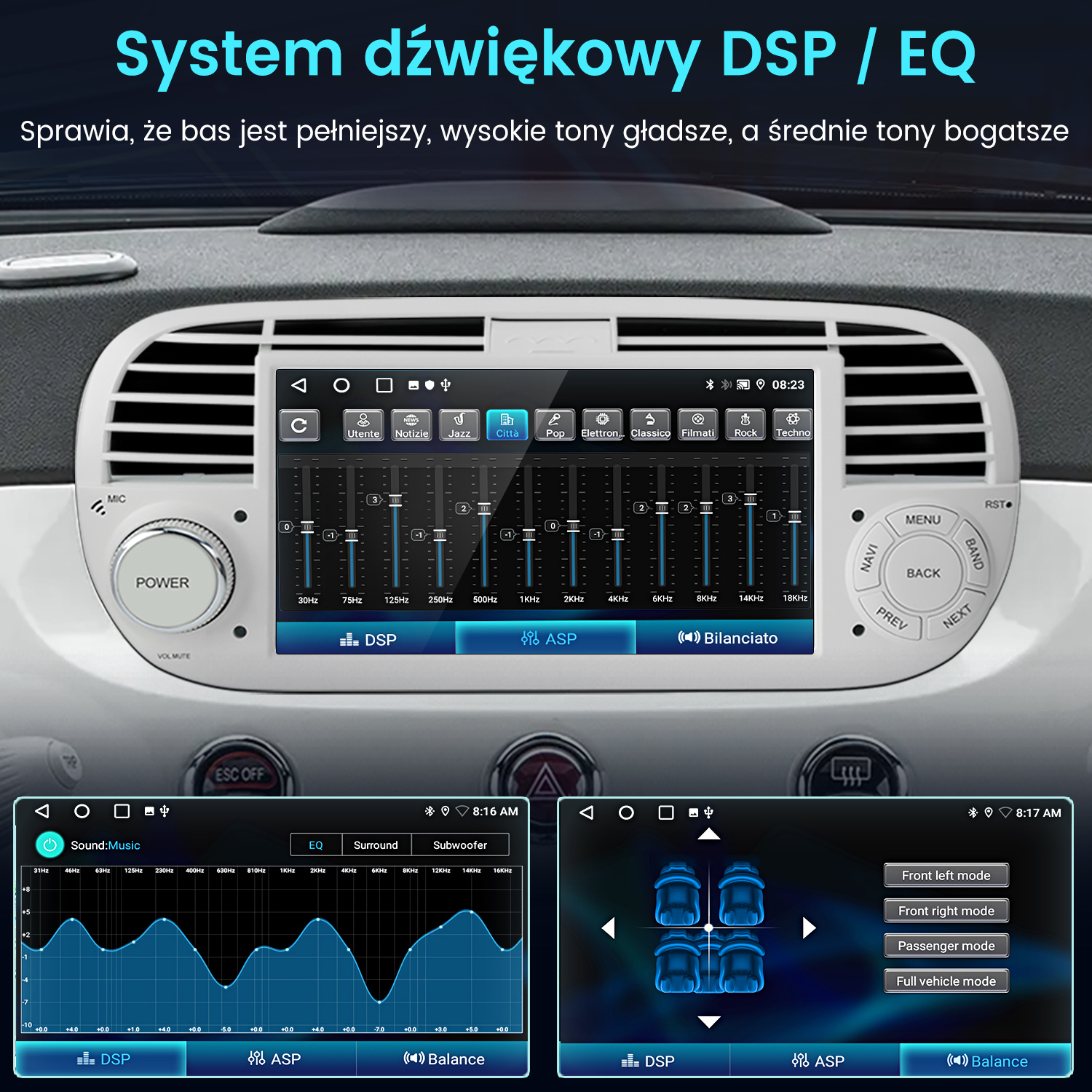 Interfejs systemu audio w samochodzie. Wyświetlacz pokazuje ustawienia korektora i kontrolę balansu głośników.