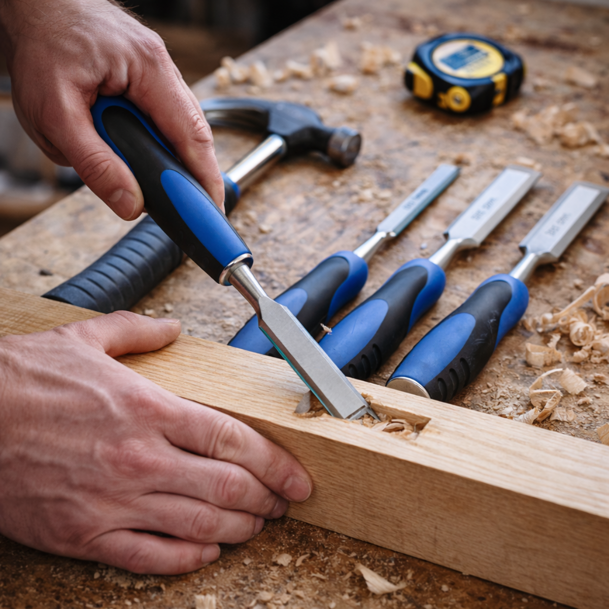 A carpenter chisels wood. A chisel with a blue handle is used. Other tools and wood shavings are on the table.