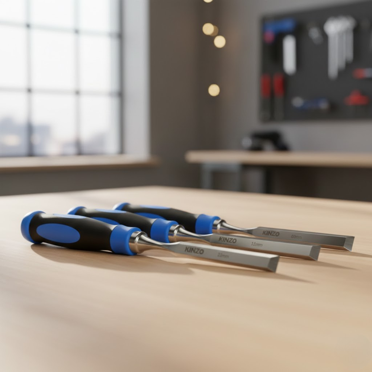 Three chisels with blue and black handles lie on a wooden table. The background shows a window and a tool board.