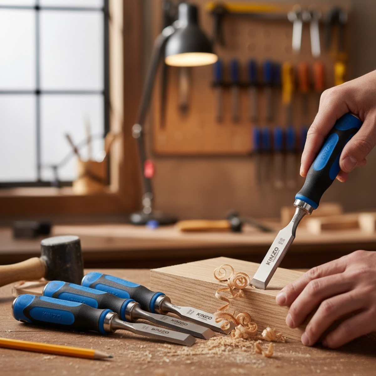 A person uses a chisel to carve wood. Other chisels, a pencil, and wood shavings are on the table.