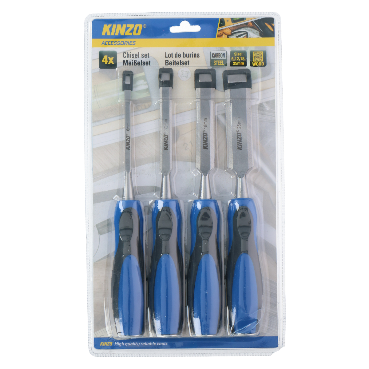 A package of four chisels with blue and black handles, labeled 'KINZO'. The package is on a white background.
