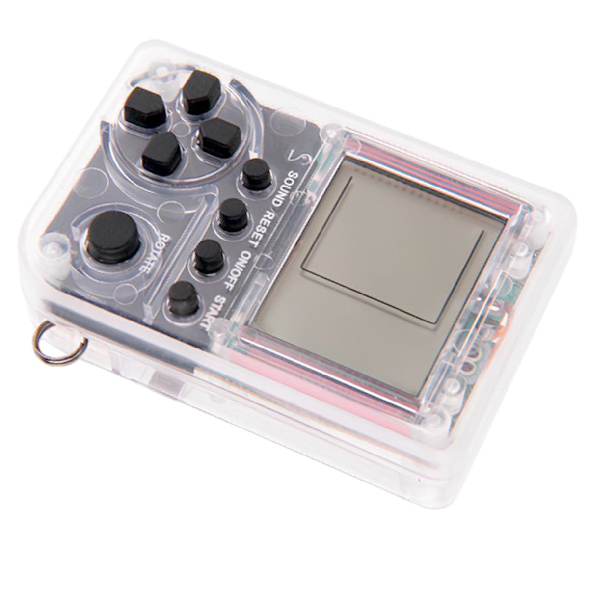 Eine klare Handheld-Spielkonsole mit schwarzen Knöpfen. Sie hat einen Bildschirm, Knöpfe und eine Schlüsselringschlaufe. Der Hintergrund ist weiß.