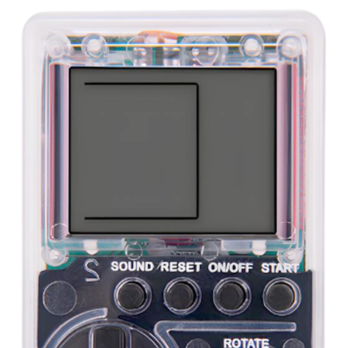 Eine Handheld-Spielkonsole mit einem Bildschirm, der ein Tetris-ähnliches Spiel zeigt. Tasten sind Sound, Reset, Ein/Aus, Start und Drehen.