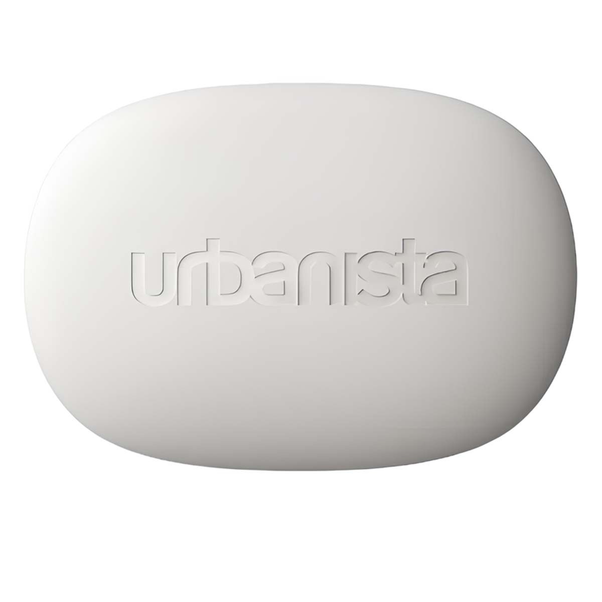 Ein weißes, ovales Objekt mit dem geprägten Wort "urbanista" auf der Oberfläche. Der Hintergrund ist weiß.