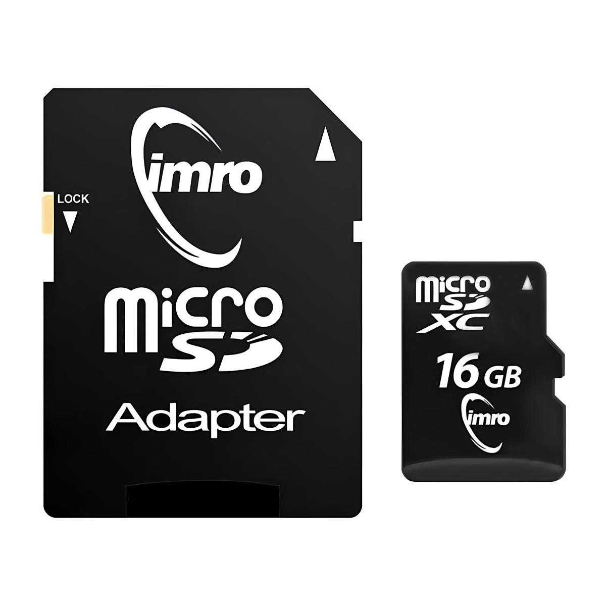 Una scheda Micro SD Imro nera e un adattatore. L'adattatore presenta 'Micro SD Adapter' e la scheda dice '16 GB'.