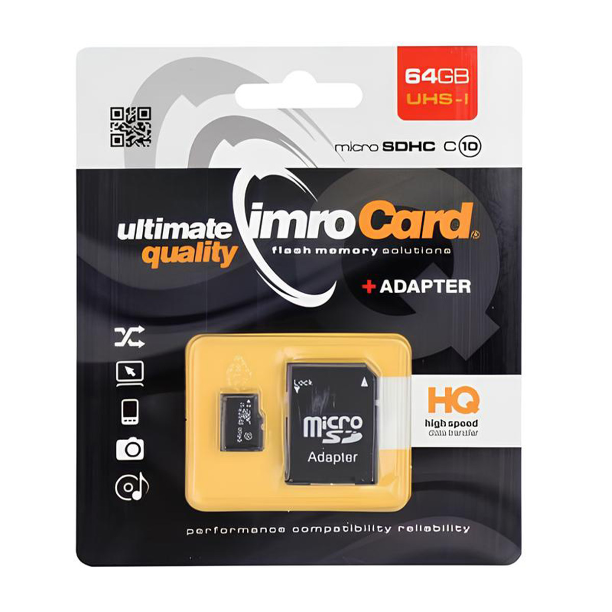 Una confezione di una scheda SD Imro Card. Mostra la scheda e l'adattatore all'interno, insieme al marchio e alle specifiche.