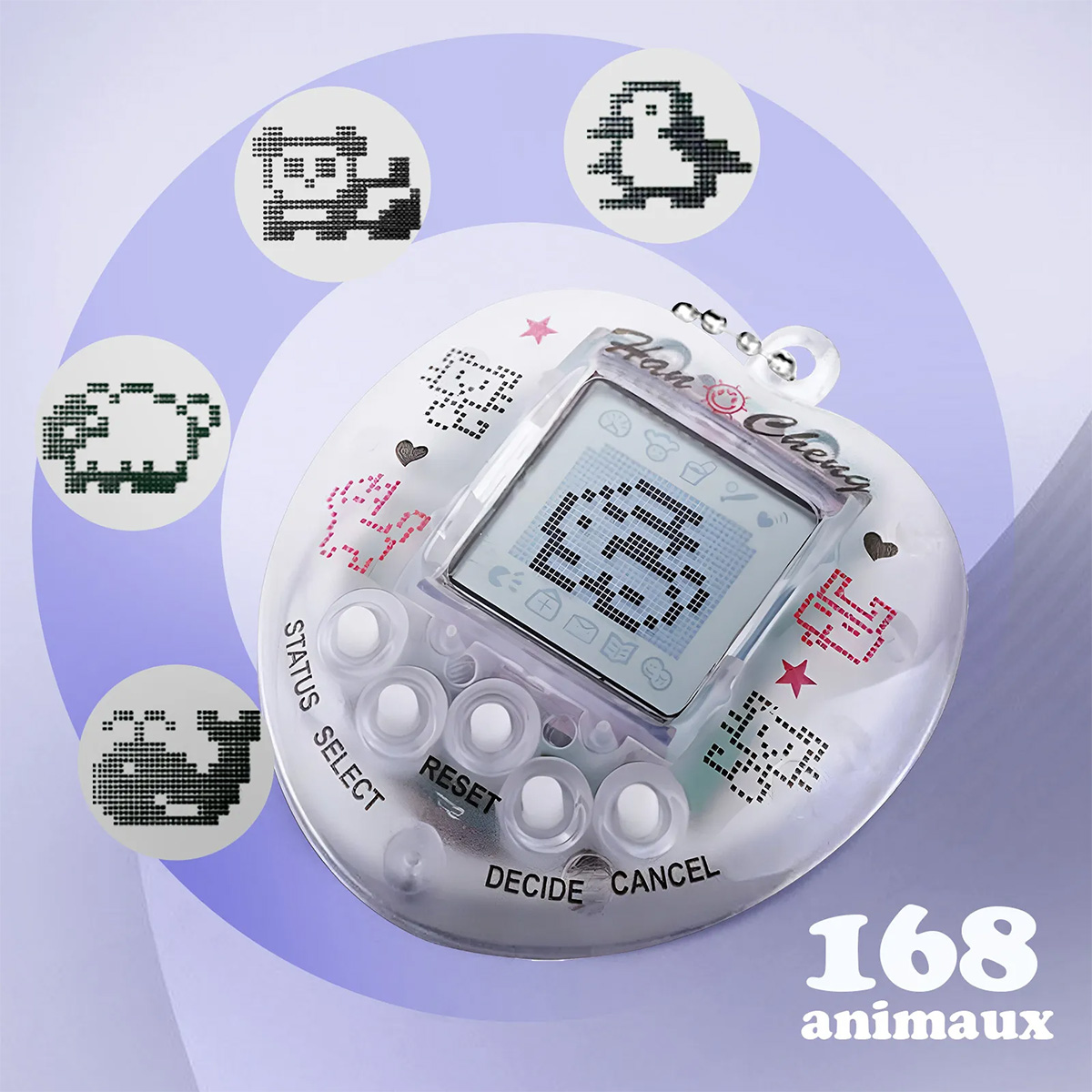 Ein durchsichtiges digitales Handheld-Spielzeug für Haustiere mit einem Bildschirm, der pixelige Grafiken anzeigt, umgeben von pixeligen Tier-Symbolen und Knöpfen.