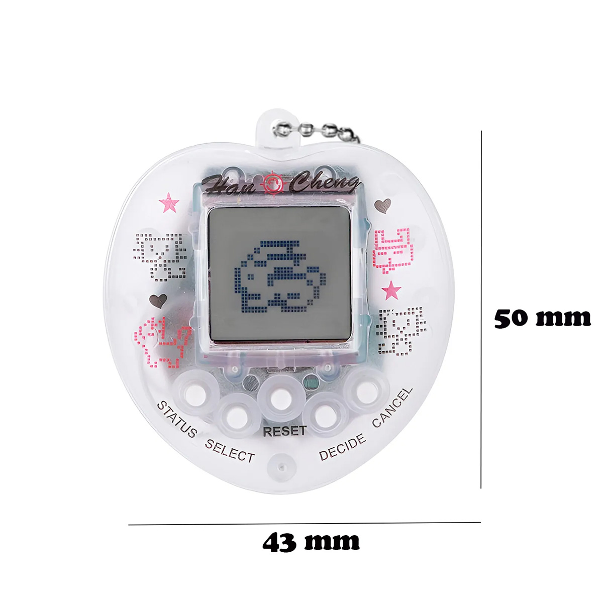 Ein klares, herzförmiges Hau Cheng Digital-Haustierspielzeug mit einem Bildschirm, der einen pixeligen Charakter zeigt. Es hat Knöpfe und dekorative Elemente.