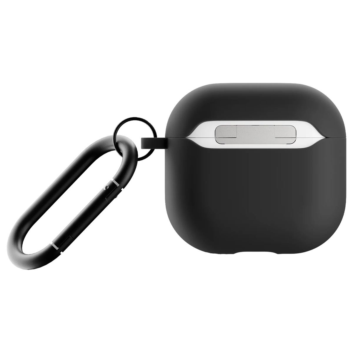Schwarzes AirPods-Etui mit Karabinerhaken. Das Etui hat einen weißen Akzent. Der Hintergrund ist weiß.
