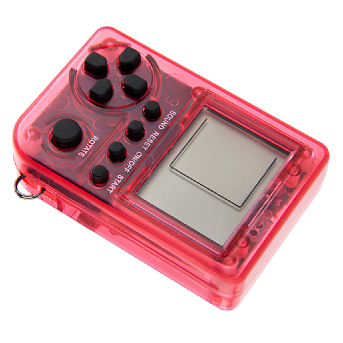 Ein kleines, rotes, transparentes Handheld-Spielgerät. Es hat Knöpfe, einen Bildschirm und eine Schlüsselanhängerschlaufe. Der Bildschirm ist leer.