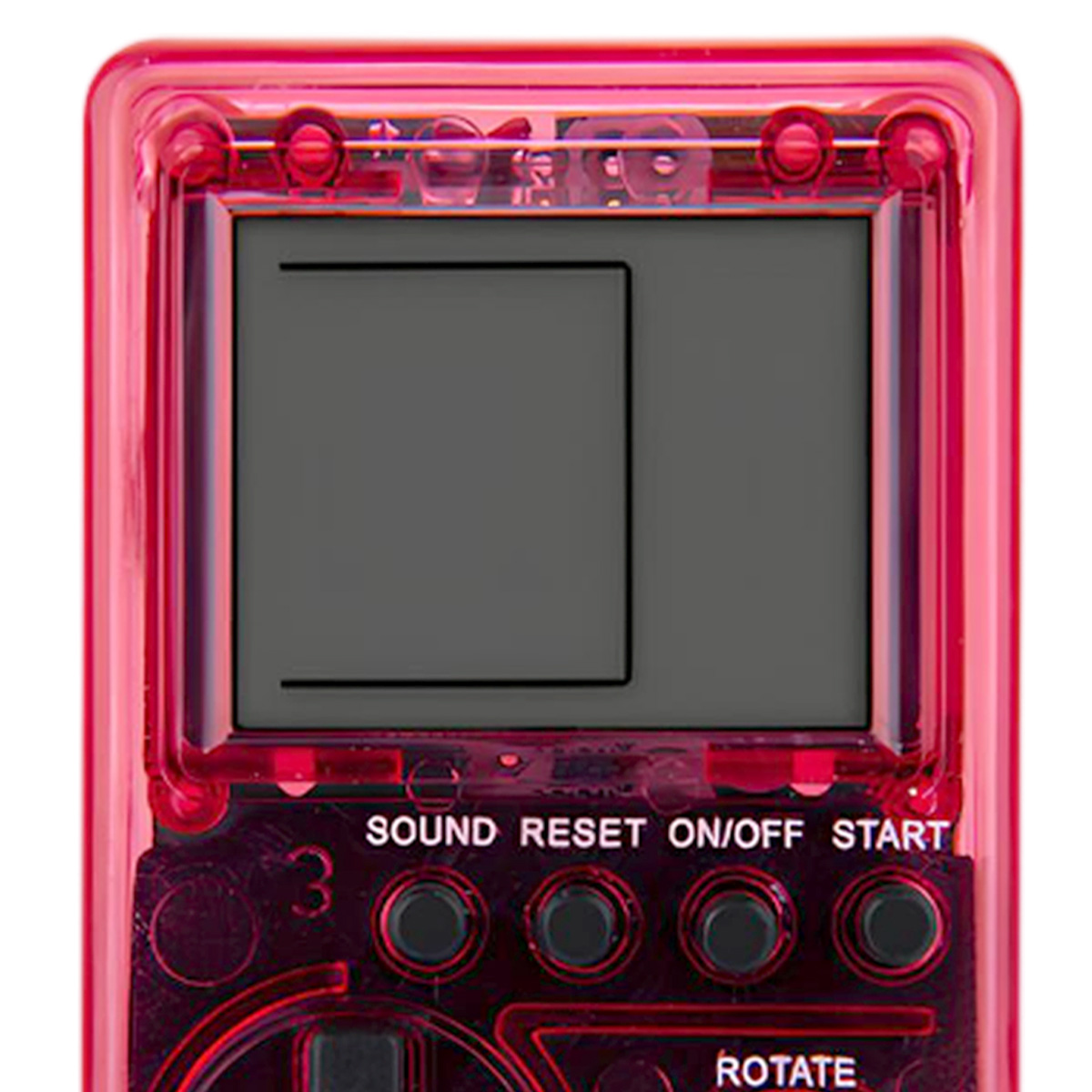Nahaufnahme einer pinkfarbenen Handheld-Konsole. Der Bildschirm zeigt eine schwarze Form. Am unteren Rand sind Knöpfe und Text zu sehen.