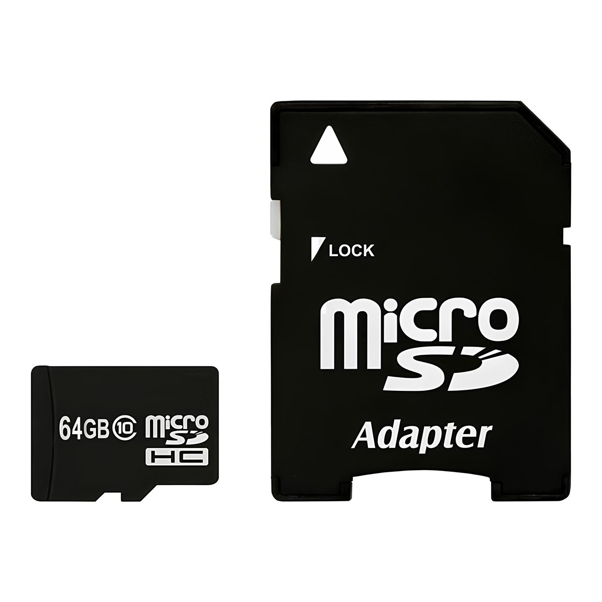 L'immagine mostra una scheda Micro SD nera e un adattatore. Entrambi hanno testo bianco che indica la capacità di archiviazione, il marchio e il tipo di adattatore.