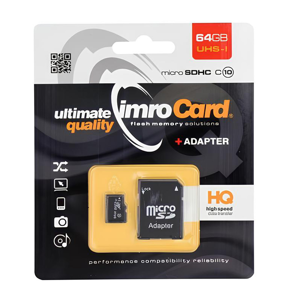 Una confezione di scheda di memoria. Ha una scheda Micro SD UHS-I da 64 GB e un adattatore. Il marchio è 'imro Card'.