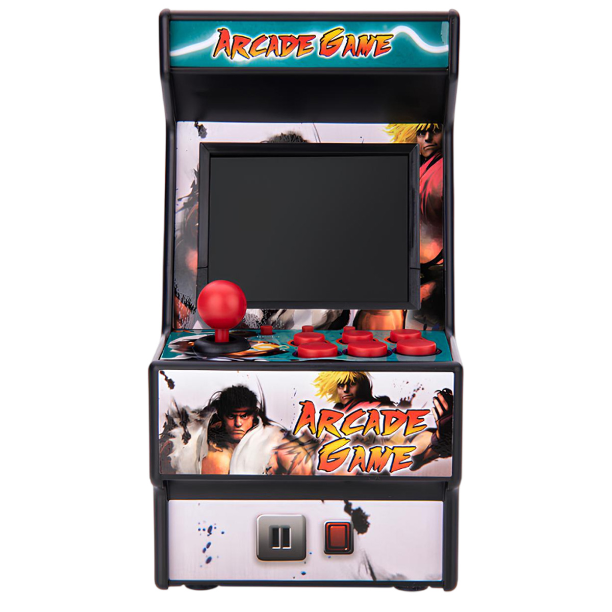Mini-Spielautomat mit Bildschirm, Joystick und Knöpfen. Mit Street Fighter-Charakteren und 'Arcade Game'-Logo.