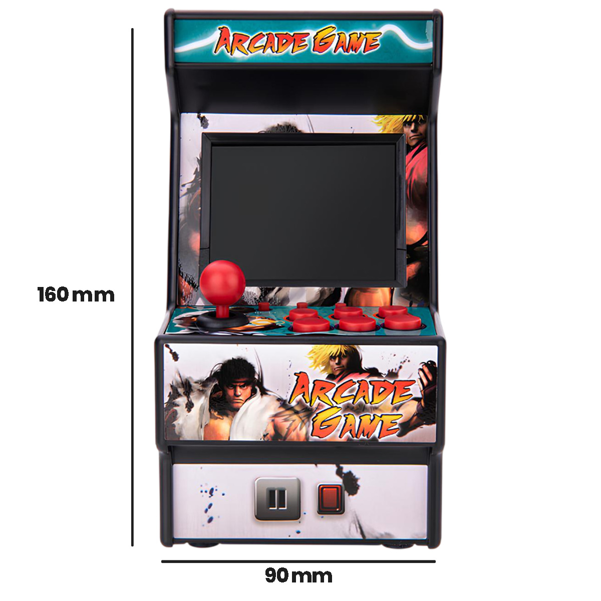 Ein Miniatur-Arcade-Spiel mit Bildschirm, Joystick und Knöpfen. Es hat Spielfiguren an den Seiten und die Worte 'Arcade Game'.