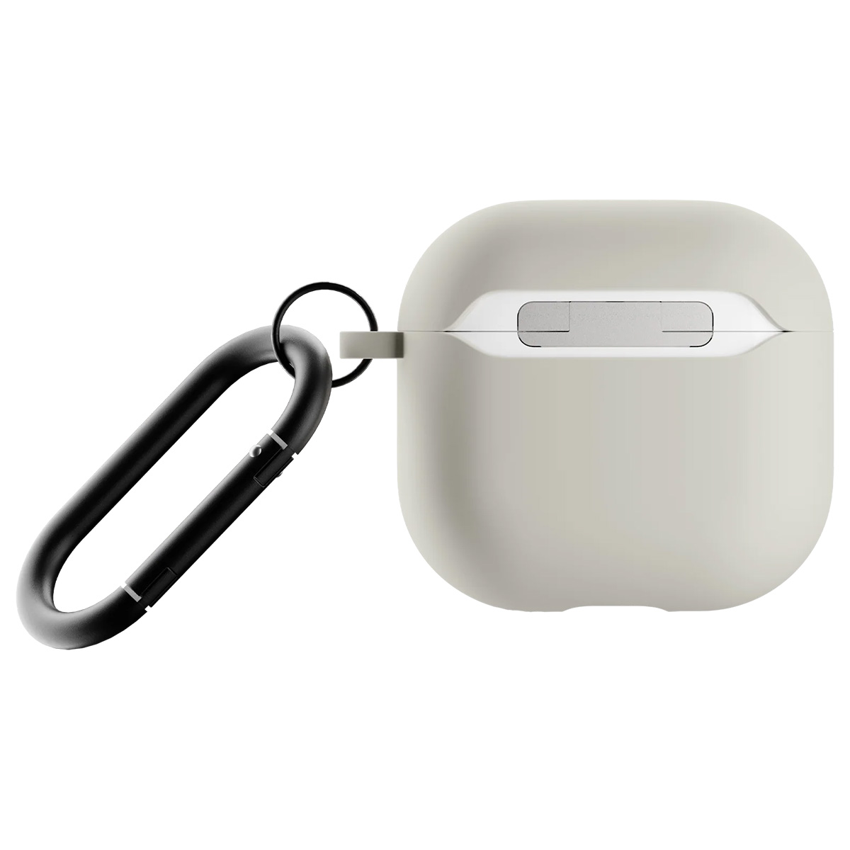 Custodia AirPod grigio chiaro con moschettone nero, su sfondo bianco.