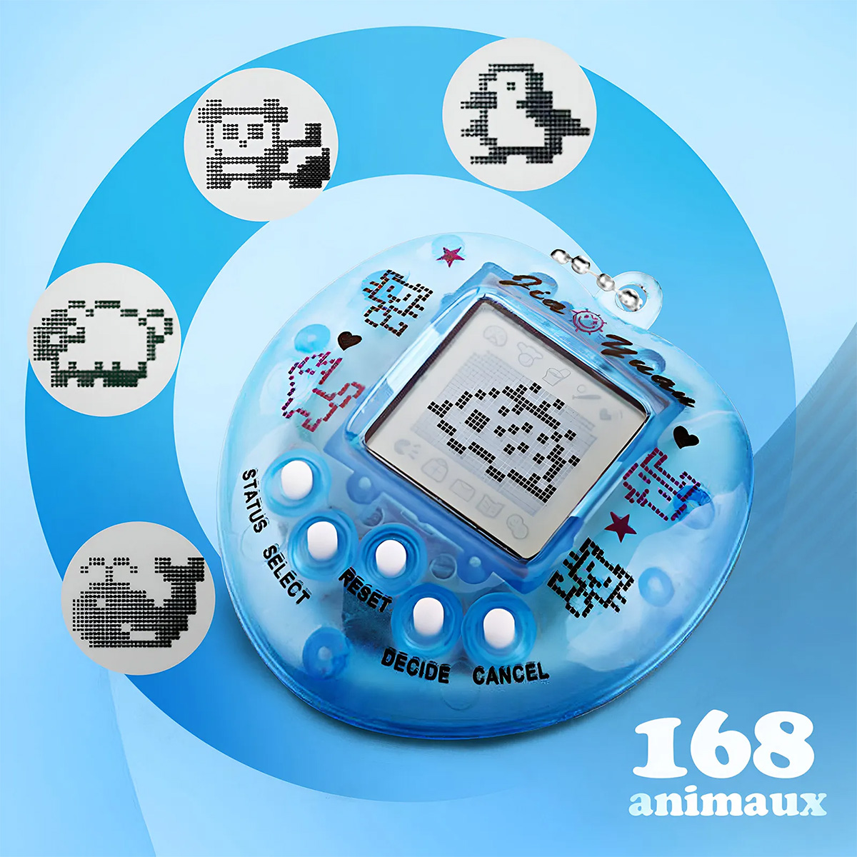 Blaues Tamagotchi-Spielzeug mit Tier-Symbolen. Der Bildschirm zeigt ein pixeliges Tier. Knöpfe: 'Status', 'Wählen', 'Zurücksetzen'.
