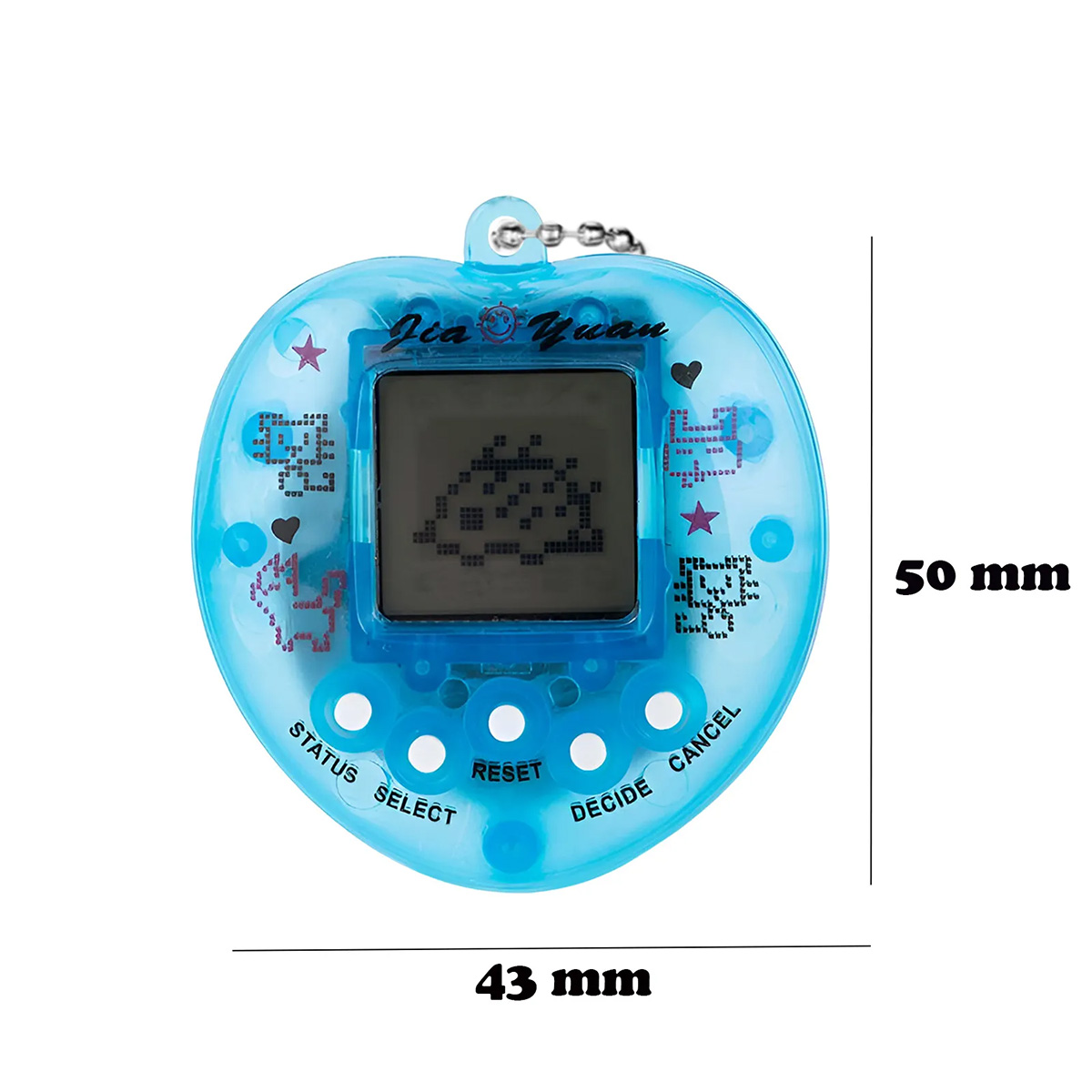 Ein blaues herzförmiges Tamagotchi mit Bildschirm, Knöpfen und dekorativen Sternen. Abmessungen: 50 mm x 43 mm.