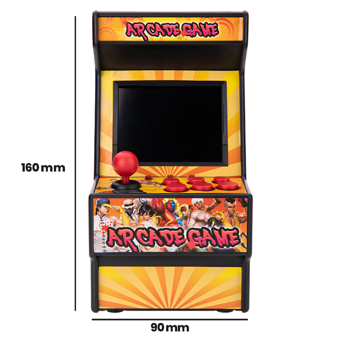 Ein Miniatur-Spielautomaten-Schrank mit Bildschirm, Joystick und Knöpfen. Er hat ein farbenfrohes Design mit dem Wort 'Arcade Game'.