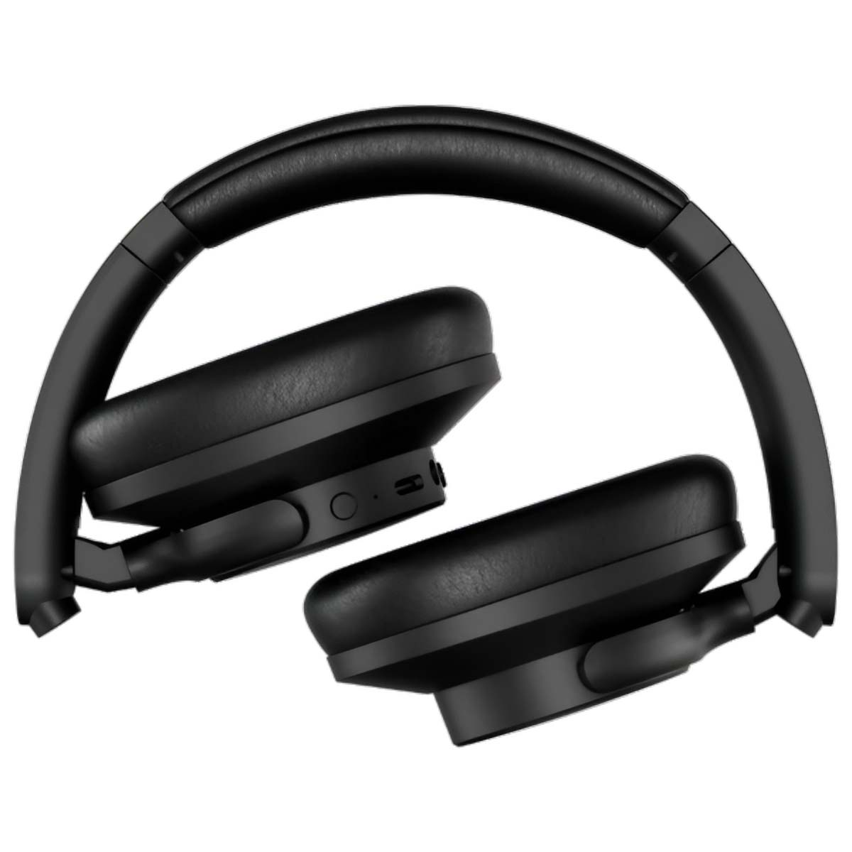 Para czarnych, złożonych słuchawek. Pałąk jest łukowaty, a nauszniki są pochylone. Tło jest białe.