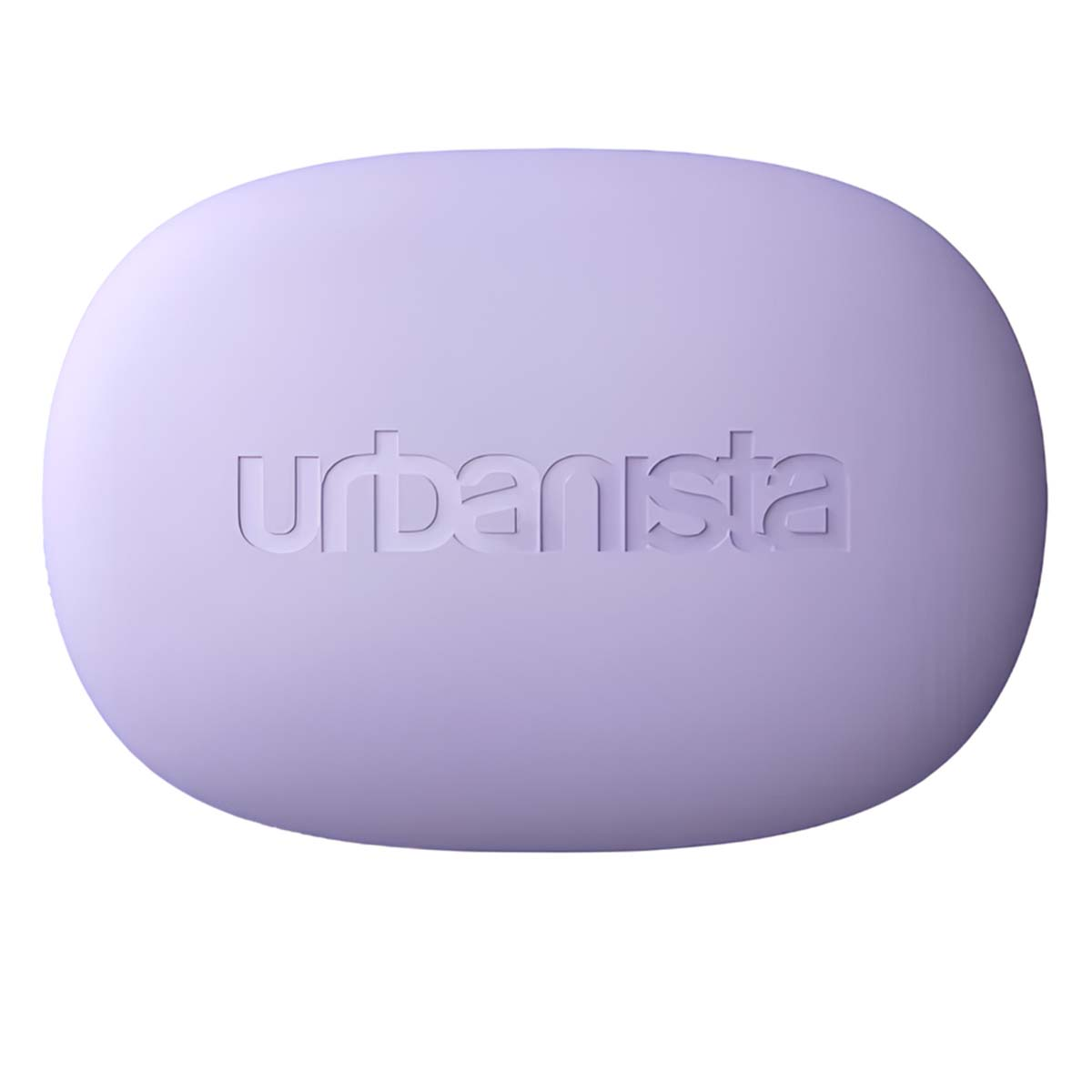 Ein lavendelfarbenes, ovales Objekt mit dem geprägten Wort "urbanista" auf der Oberfläche. Weißer Hintergrund.