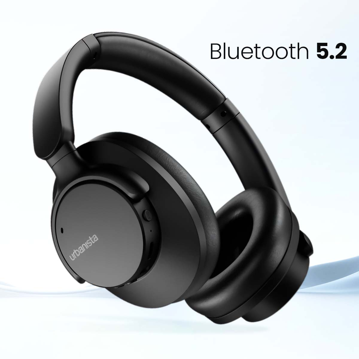 Czarne słuchawki Urbanista Bluetooth 5.2 na białym tle. Tekst wskazuje Bluetooth 5.2.