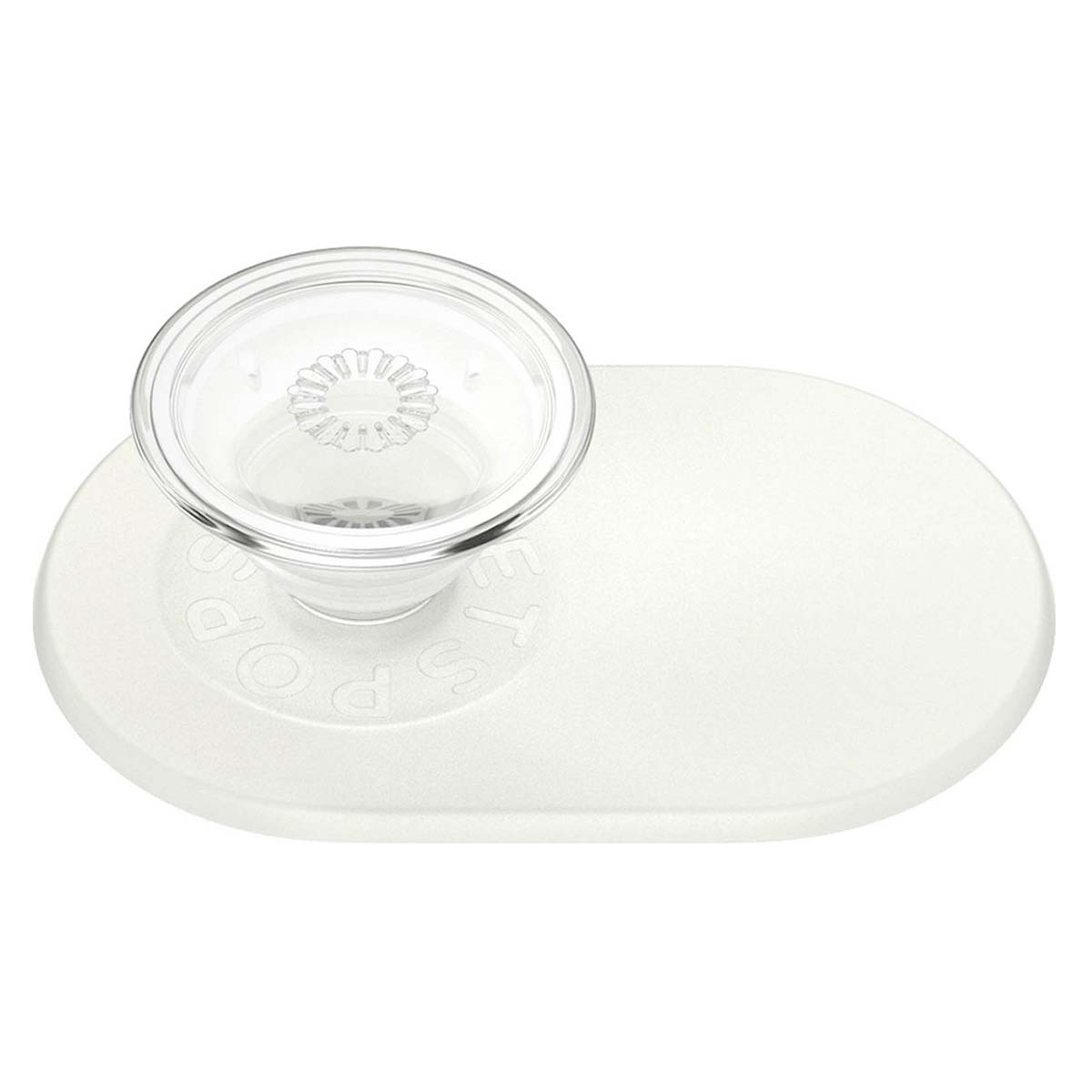 Soporte blanco PopSockets con tapa redonda transparente y base ovalada. La base tiene 'POPSOCKETS' grabado.