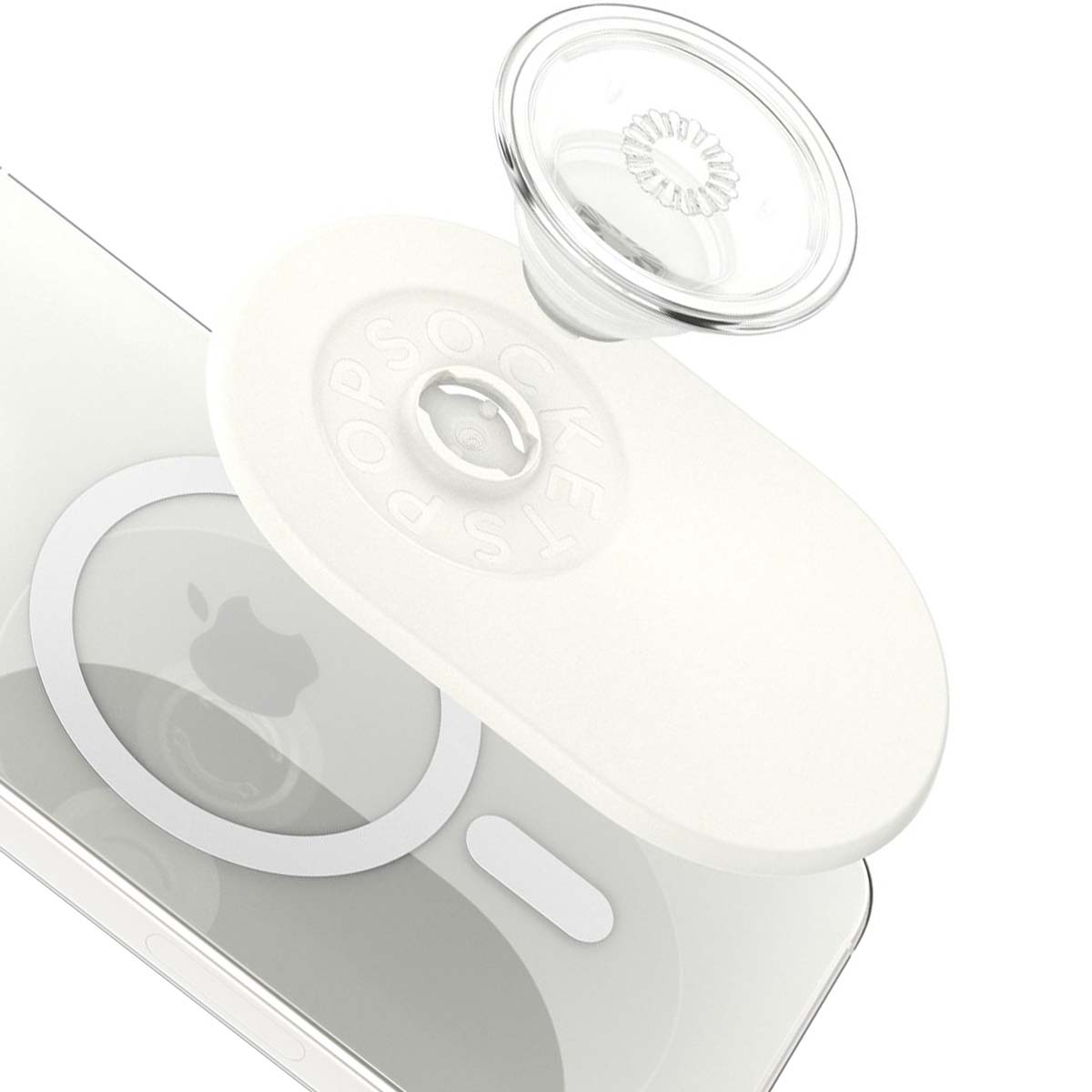 Agarre blanco de PopSockets y parte superior transparente, sobre un teléfono con el logo de Apple. El agarre está conectado.