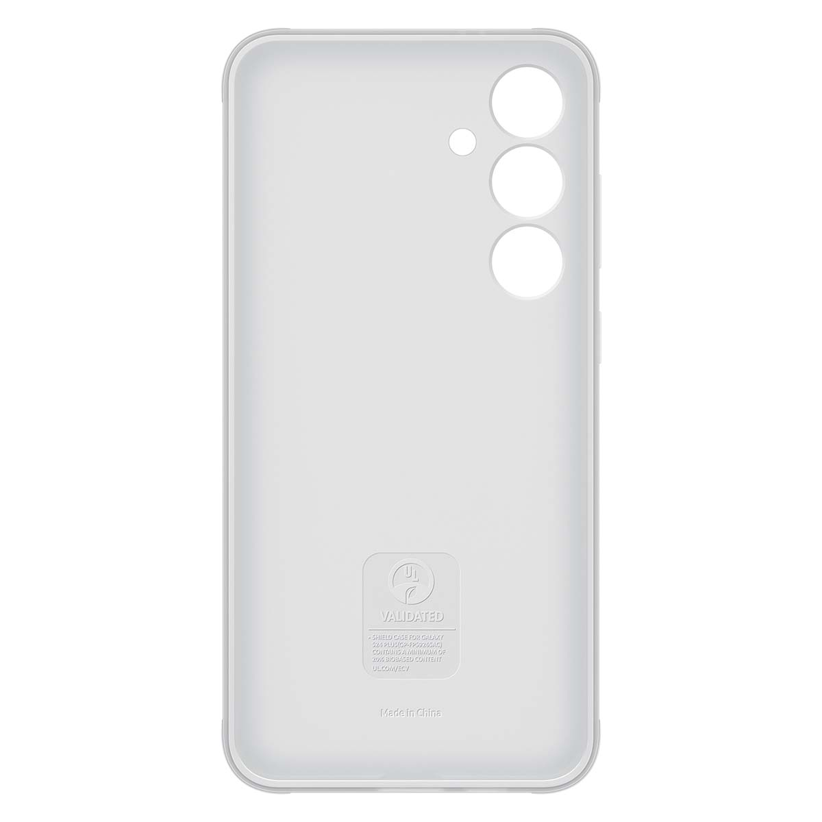 Una funda blanca para teléfono con recortes para la cámara y los botones. Tiene la palabra "VALIDATED" y otro texto.