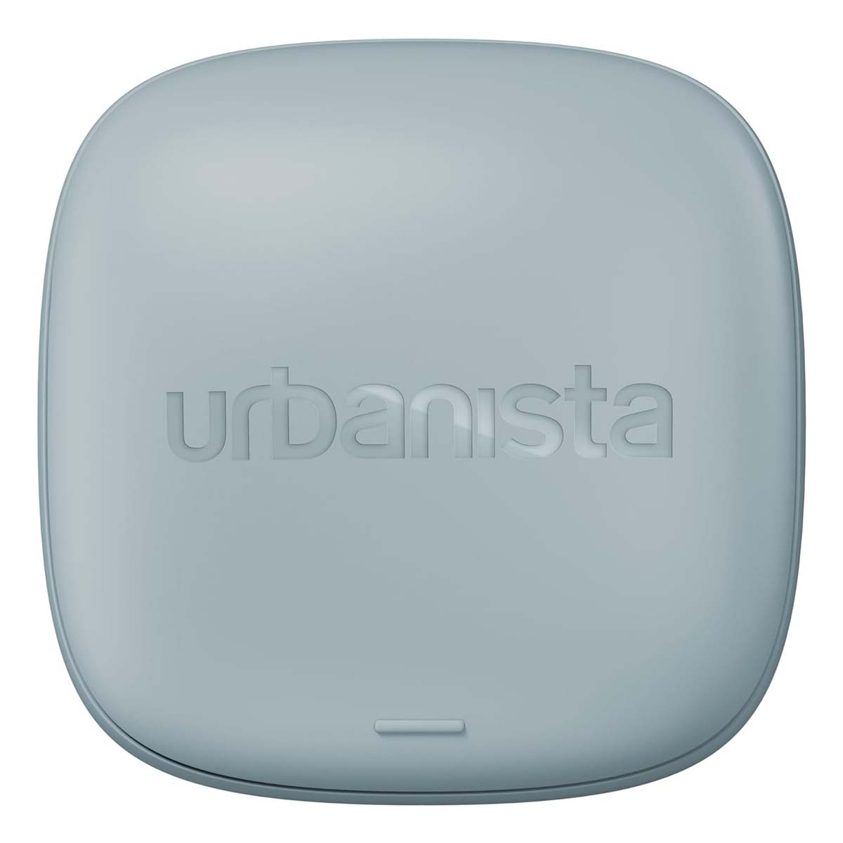 Jasnoniebieskie, zaokrąglone kwadratowe etui z wytłoczonym słowem "urbanista" na górze. Na dole znajduje się mała pozioma linia.